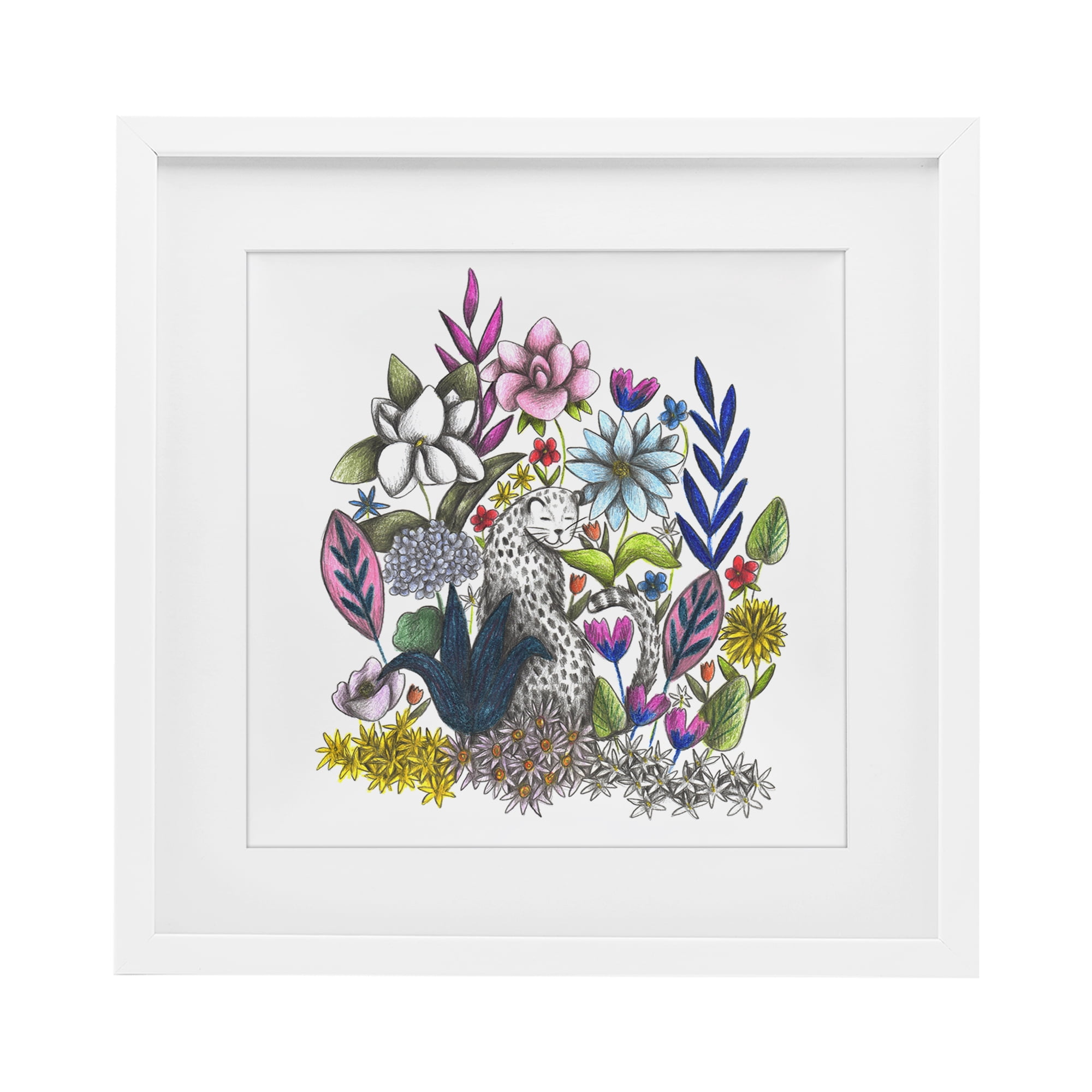 Leopard in Midst of Flowers White Framed Print Under Glass, design by Cecilia Battaini
