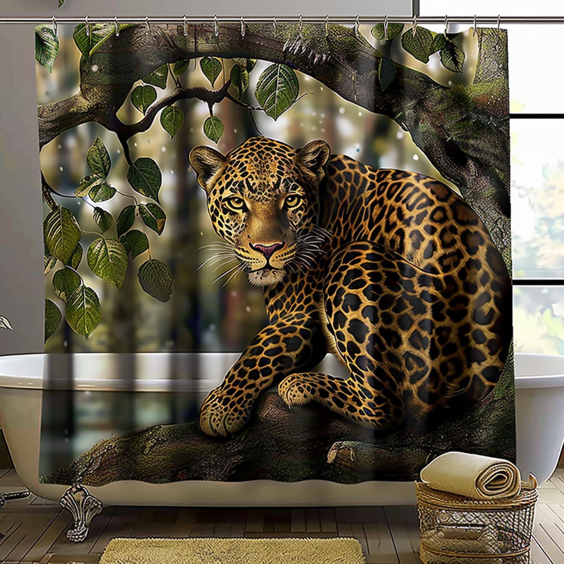 Leopard in Tree Bathroom Scene Jungle Print Shower Curtain Hyper