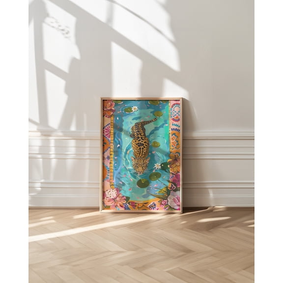 Leopard in Water Art Print, Maximalist Bathroom Decor, Jungle Cat, Unframed Paper Print Size 8x12