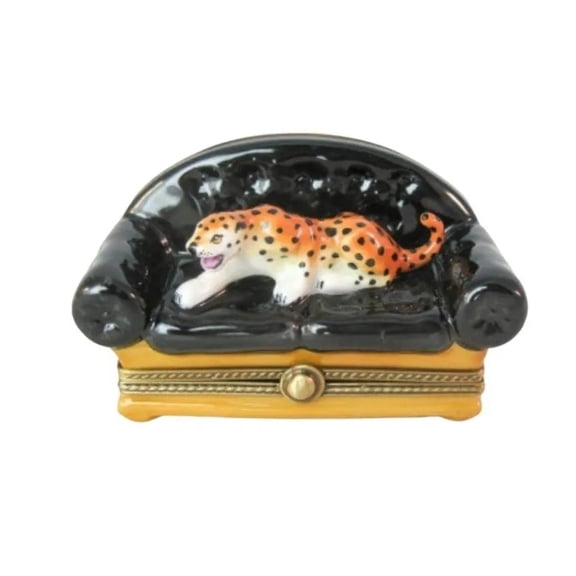 Leopard on Black Couch Porcelain Limoges Trinket Box Limoges Box Porcelain Figurine