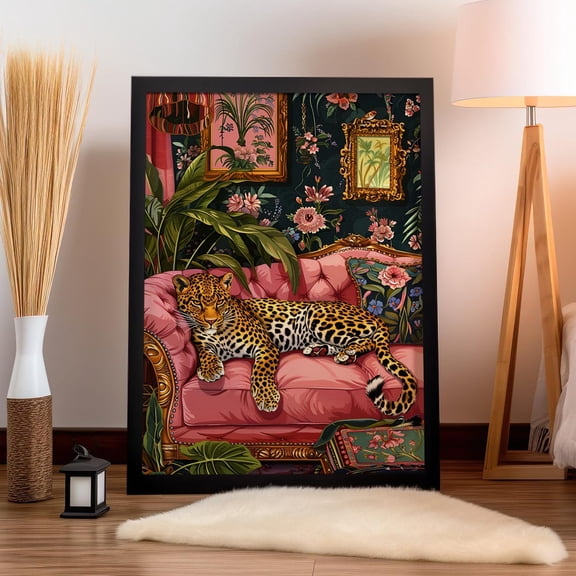 Leopard on Pink Sofa Wall Art, Modern Jungle Floral Decor, Stretched Canvas Size 8x12