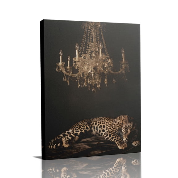“Leopard on Satin with Ornate Chandelier (Moody Tone)” Luxury Canvas Wall Art Ready to Hang for Living Room and Bedroom