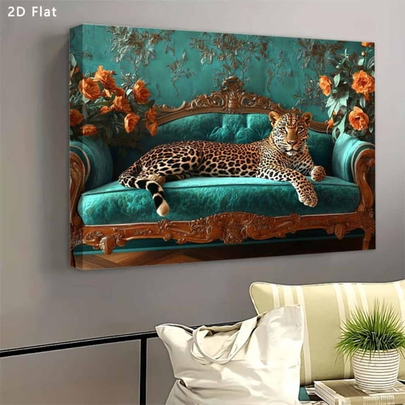 Leopard on Teal Velvet Sofa Wall Art Orange Floral Baroque French Animal Canvas Print Framed Wall Decor for Living Room Bedroom Office Women