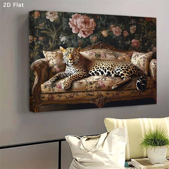 Leopard on Vintage Sofa Wall Art Dark Floral Chinoiserie Maximalist Animal Canvas Print Framed Wall Decor for Living Room Bedroom Office Women