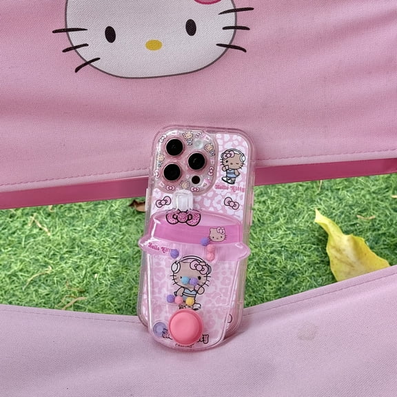 Leopard print Hello Kitty Fun 3D Cute Milk tea Flowing Bead Game Console Phone Case For iPhone 16 15 14 13 Pro Max Cartoon shell