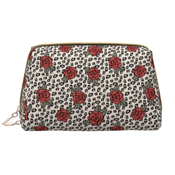 Leopard print Rose Makeup Bag, Large Capacity Travel Cosmetic Bag for Women Girls- Travel Toiletry Bag Leather Portable Waterproof Makeup Case Organizer with Handle