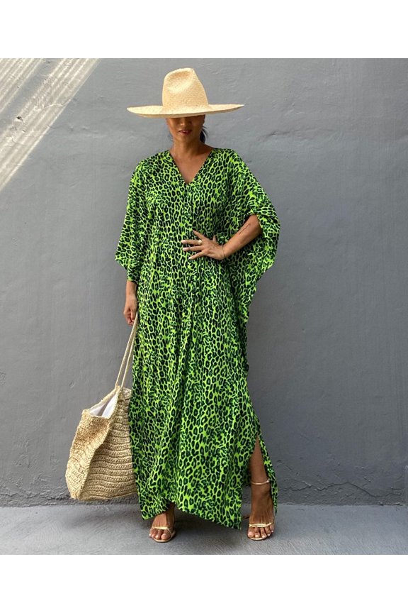 Leopard print beach cover-up, loose plus-size robe, vacation sun protection shirt, bikini cover-up