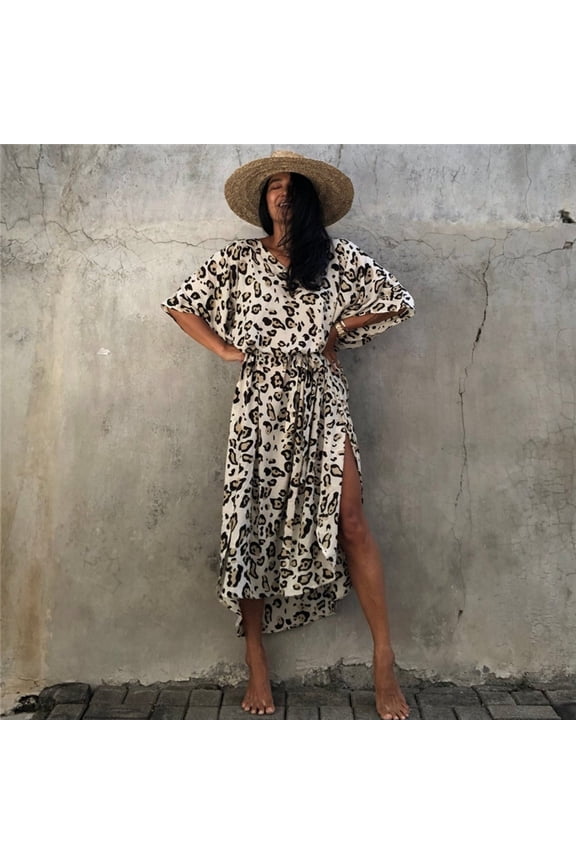 Leopard print beach cover-up, loose plus-size robe, vacation sun protection shirt, bikini cover-up