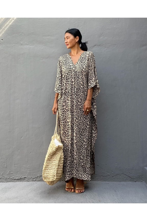 Leopard print beach cover-up, loose plus-size robe, vacation sun protection shirt, bikini cover-up