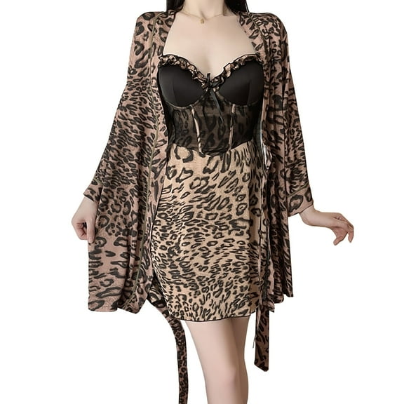 Leisurelife.Store Women's Leopard Print Satin Nightgown and matching robe set, 1-Pack