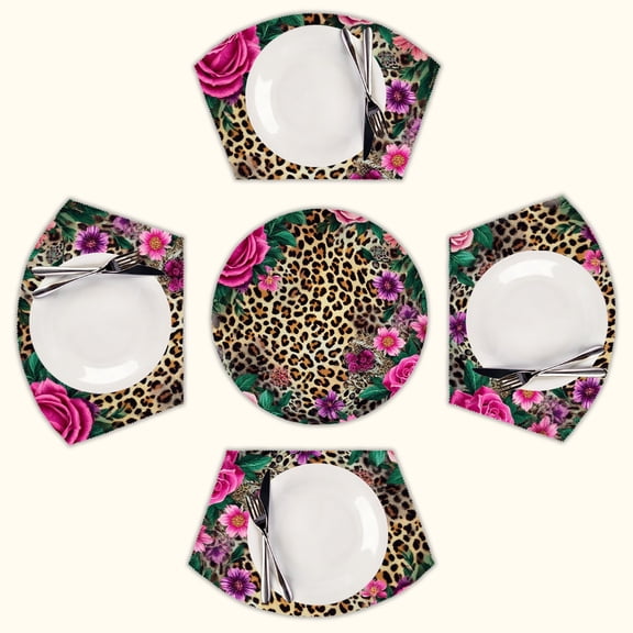 Leopard print floral pink roses Round Table Placemats Set Of 5 Wedge Table Mats Washable Heat Resistant Place Mat For Dining Table Kitchen Farmhouse Restaurant