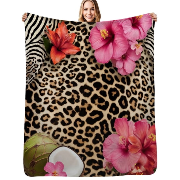 Leopard print hibiscus coconut tropical Flannel Blankets Soft Throw Blanket Winter Travel Office Outdoor Bedspread