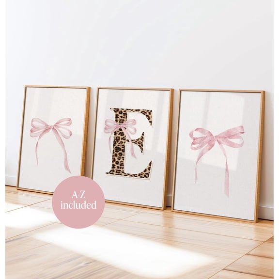 Leopard print initial wall art set pink bow nursery girls bedroom dorm decor () Set