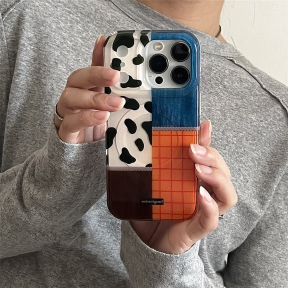 Leopard print patchwork plaid magnetic phone case suitable for iPhone 17 Pro Max, Apple 16 Pro, new model 15