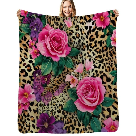 Leopard print pink roses floral Soft Blanket Travel Bedding Throws Flannel Bedspread Sofa Bed Cover