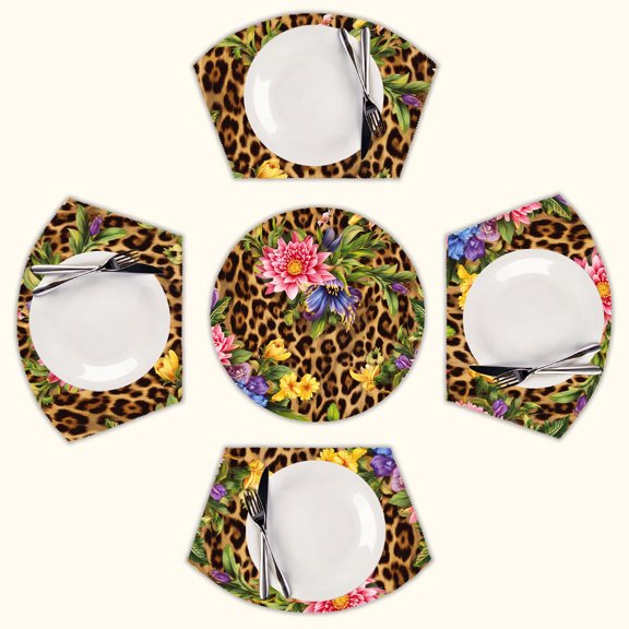 Leopard print vibrant floral blooms Round Table Placemats Set Of 5 Wedge Table Mats Washable Heat Resistant Place Mat For Dining Table Kitchen Farmhouse Restaurant