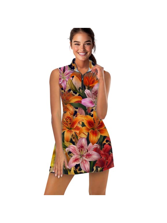 Leopard print vibrant lilies bouquet Sports Dresses Women Tennis Dress Outdoor Badminton Golf Quick-Drying And Breathable Sports Dress