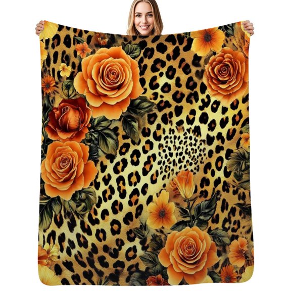 Leopard roses floral gold pattern Flannel Blanket Warm Soft Bedding Throws Winter Camping Chair Sofa Bed