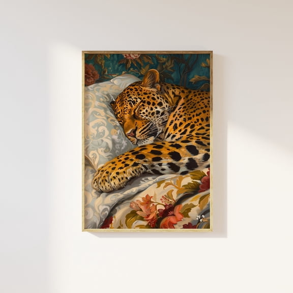 Leopard sleeping in bed traditional interior art print | Romanticism, oil painting style, leopard in vintage bed, floral maximalist bedroom