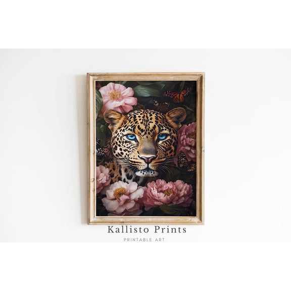 Leopard with Flowers Art Print Poster, Exotic Wildlife Wall Decor, Nature-Inspired work, Floral Animal 846, Size 16x24 UNFFRAMED F03.1.6l2174