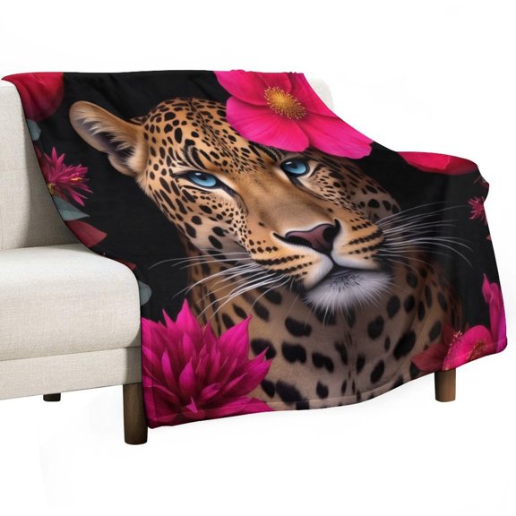 Leopard with Pink Flowers Blanket Soft Cozy Flannel Blanket for man women