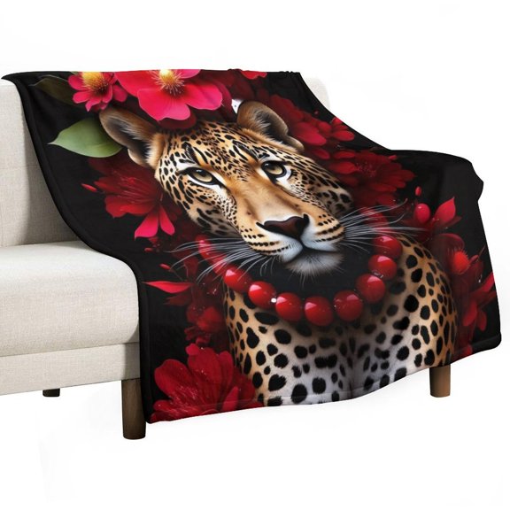 Leopard with Red Flowers And Beads Blanket Soft Cozy Flannel Blanket for man women