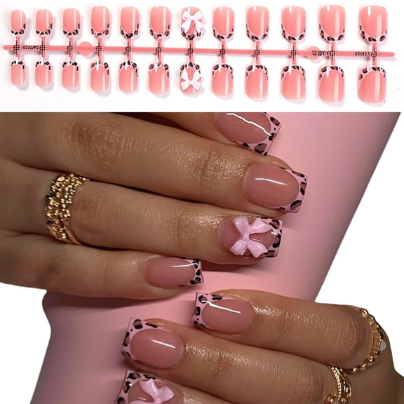 Leopards French Tip False Nails Short Square Full Covers on Nails Lovely Bows Manicures Suppliss