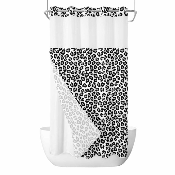 Leopards No Hook Shower Curtain and Snap in Liner Set, Vintage Abstract Black White Animal Texture Waterproof Shower Curtain Liner Set with Mesh Top Window for Bathroom 54x78in