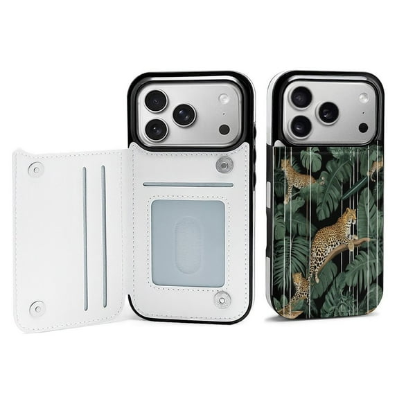 Leopards Jungle Leaves Dark Elegant Print Leather Wallet Case for iPhone 16 Pro Wallet Case Card Holder Flip