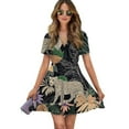 thumbnail image 1 of Leopards Jungle Tropical Leaves Print Women Dress V-Neck Short Sleeve Flowy Swing Party Midi Dress, 1 of 4