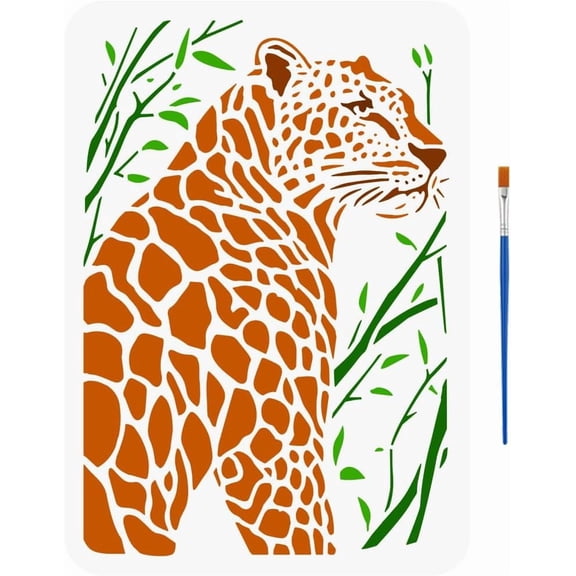 Leopards Pattern Stencils with a Paint Brush 11.7x8.3Inch Plastic PET Tree Branches Painting Stencils Animal and Plants Drawing Stencils Animal Themes Template