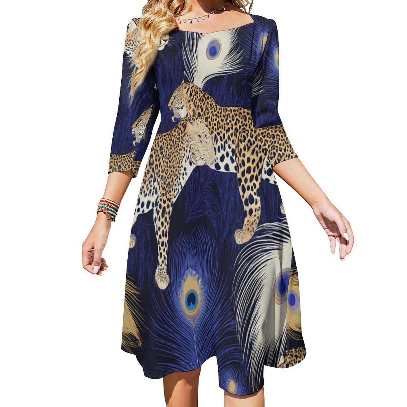Leota Francesca Bird Print Dress in Flock Quiet Harbor Blue Size M