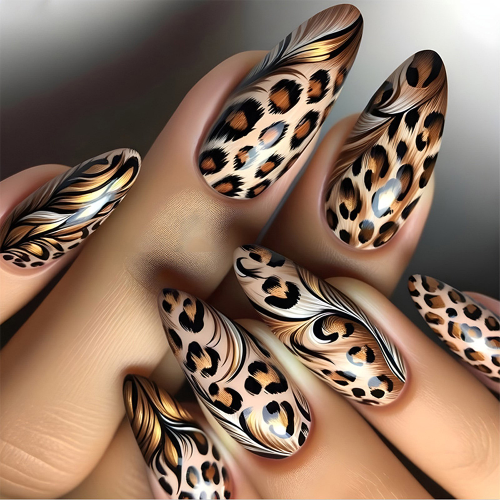 Leopards Print Nails Almond False Nails Full Covers Easy Application Leopards Print Nails Almond False Nails Full Covers Easy Application