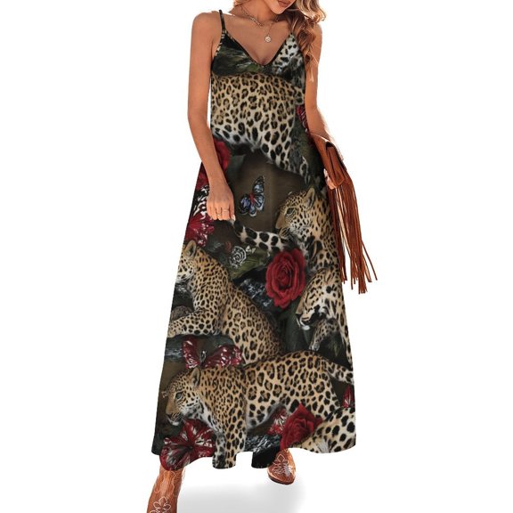 Leopards Roses Butterflies Jungle Print Sleeveless Dress Women's Evening Dress Womans Clothing