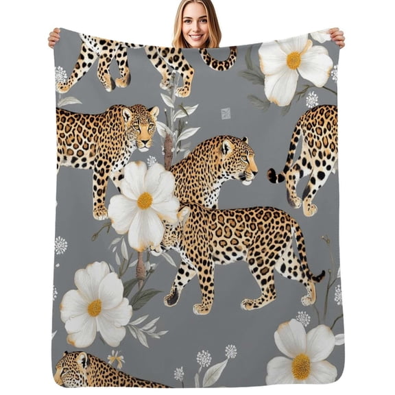Leopards flowers grey seamless pattern Flannel Blanket Warm Soft Bedding Throws Winter Camping Chair Sofa Bed