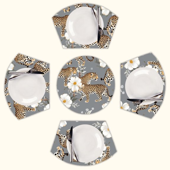 Leopards flowers grey seamless pattern Round Table Placemats Set Of 5 Wedge Table Mats Washable Heat Resistant Place Mat For Dining Table Kitchen Farmhouse Restaurant