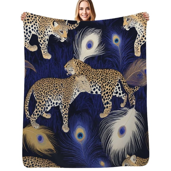Leopards peacocks midnight blue pattern Flannel Blanket Warm Soft Bedding Throws Winter Camping Chair Sofa Bed
