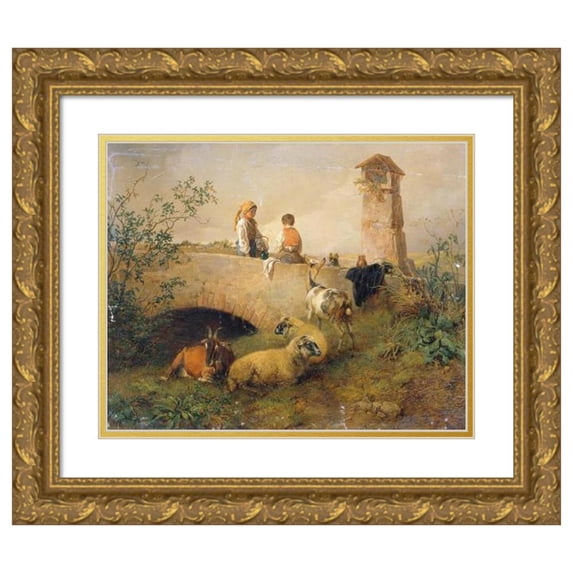 Leopold Brunner the younger 24x20 Gold Ornate Framed and Double Matted Museum Art Print Titled - Boy and Girl with Sheep and Goats (1849)