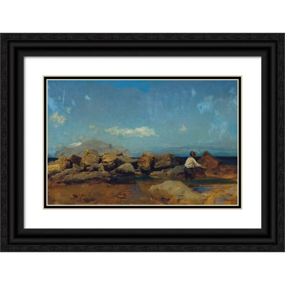 Leopold Carl Müller 18x13 Black Ornate Wood Framed Double Matted Museum Art Print Titled - Sea Coast with Monte Pellegrino Near Palermo