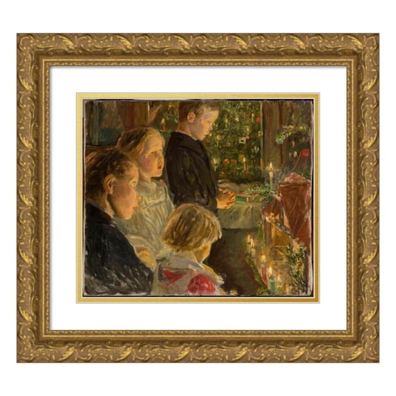 Leopold Kalckreuth 17x15 Gold Ornate Wood Frame and Double Matted Museum Art Print Titled - Children by the Christmas Tree