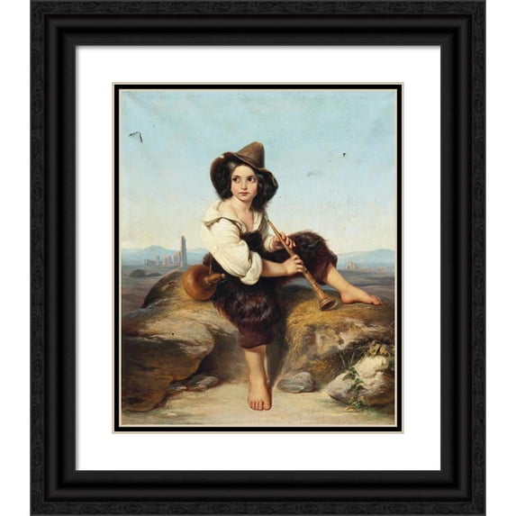 Leopold Pollak 20x24 Black Ornate Framed Double Matted Museum Art Print Titled: A Little Shepherd Playing the Oboe at the Claudia Aqueduct on the Roman Compagna (1857)
