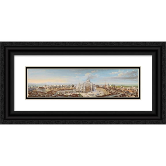 Leopoldo Calvi 24x9 Black Ornate Framed Double Matted Museum Art Print Titled: Panorama from Milan