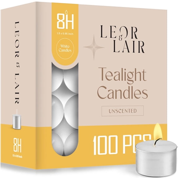 Leor & Lair 8 Hour Tealight Candles - 100 Pack - Long Lasting Unscented White Tea lights