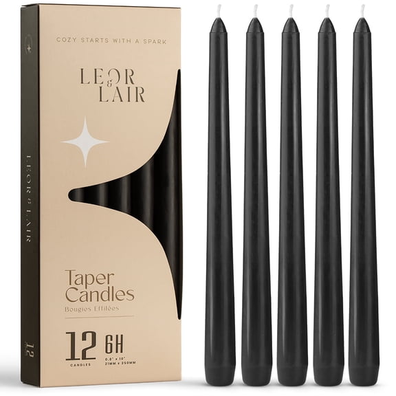 Leor & Lair Black Taper Candles - 12 Pack - 10" Black Candles for Gothic & Halloween Decor