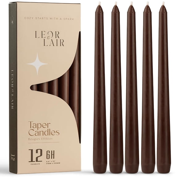 Leor & Lair Brown Taper Candles - 12 Pack 10" Brown Candlesticks for Farmhouse Décor & Weddings