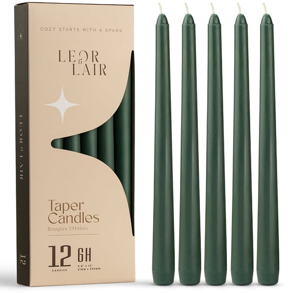 Leor & Lair Green Taper Candles - 12 Pack - 10" Green Candlesticks for Dinner & Home Decor