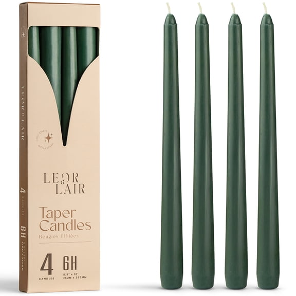 Leor & Lair Green Taper Candles - 4 Pack 10" Candlesticks for Christmas, Home Decor, Dinner & Events