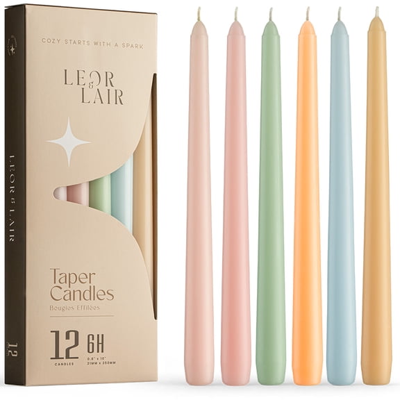 Leor & Lair Pastel Taper Candles - 12 Pack - for Easter & Spring Dinner, 6 Hour Burn