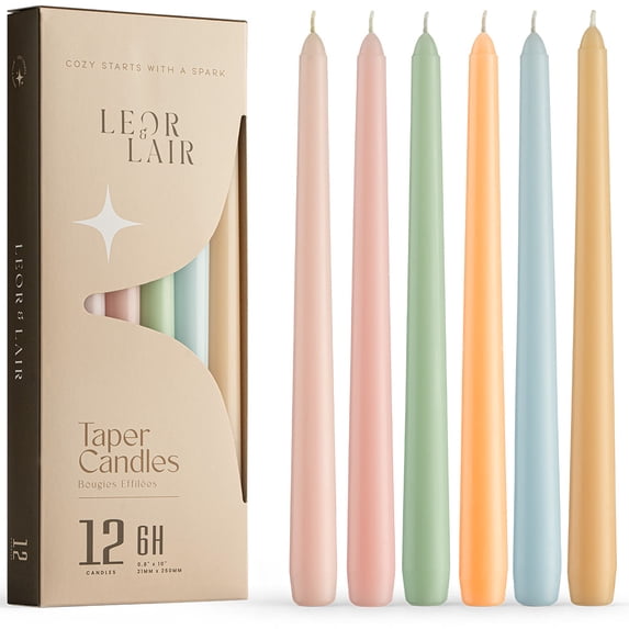 Leor & Lair Pastel Taper Candles - 12 Pack - for Easter & Spring Dinner, 6 Hour Burn