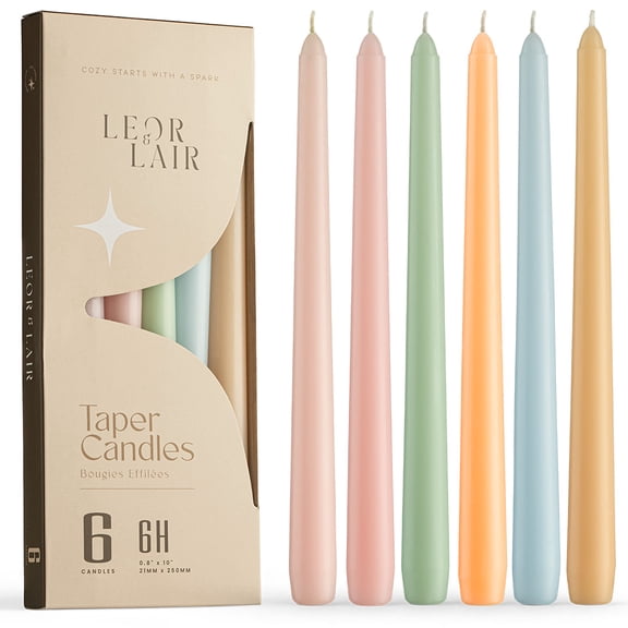 Leor & Lair Pastel Taper Candles - 6 Pack - for Easter & Spring Dinner, 6 Hour Burn